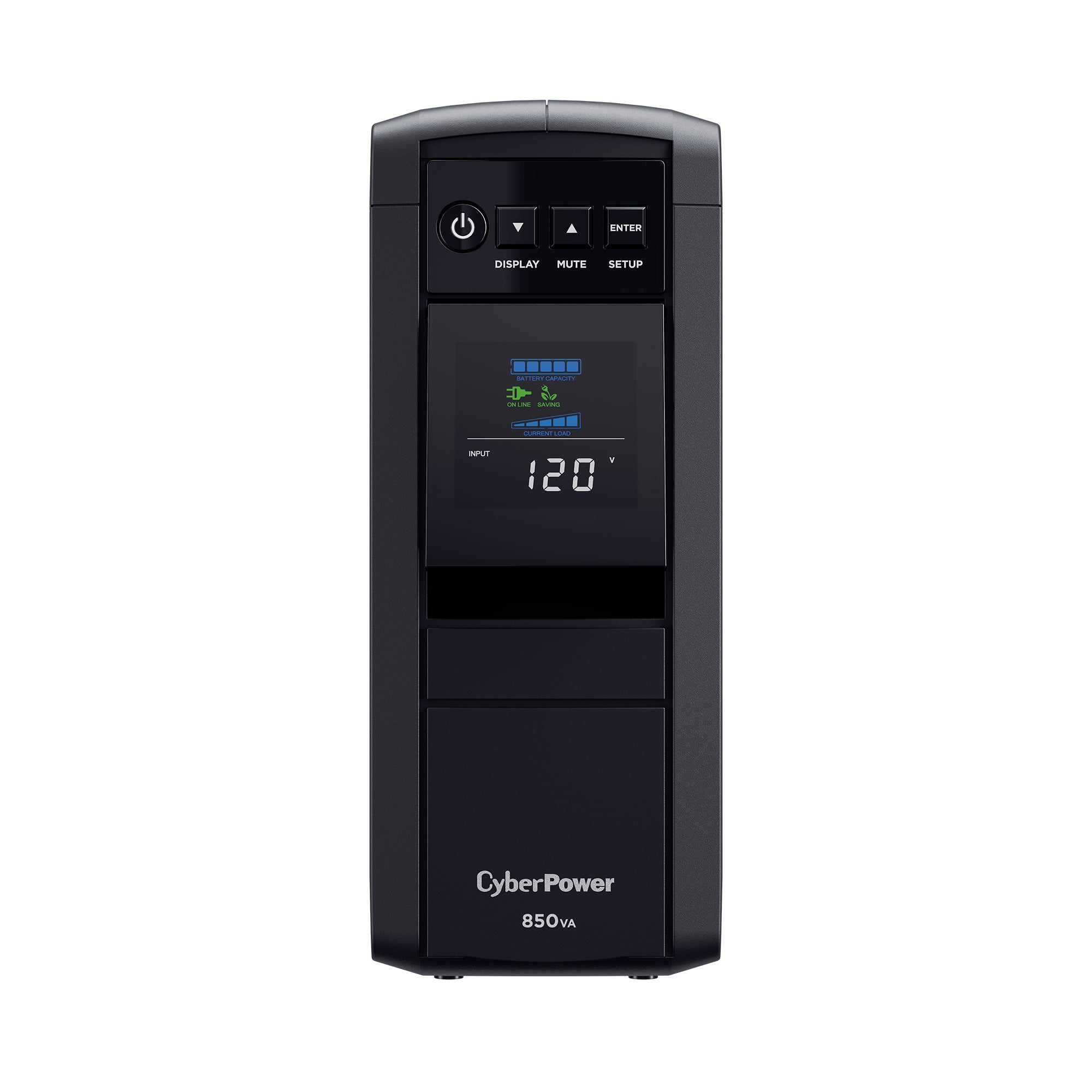 CYBERPOWER - CP850PFCLCD - 850VA/510W Line Interactive UPS, Sine Wave, Mini-tower, 10 NEMA 5-15R Outlets, NEMA 5-15P Plug w/5 Ft Cord, AVR, LCD, Serial/USB, 3 Yr Warranty
