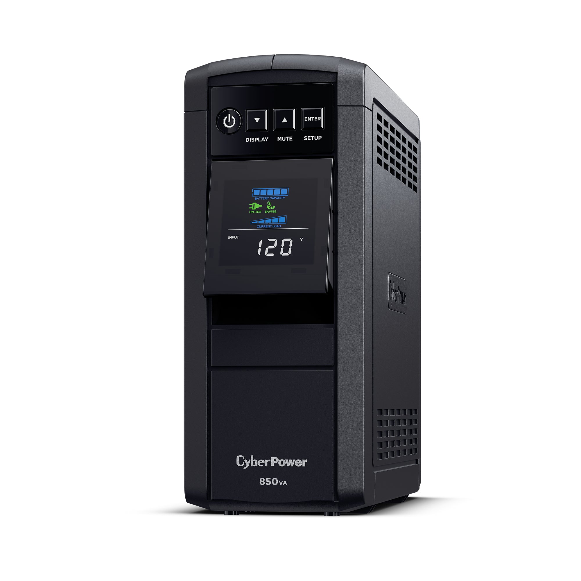 CYBERPOWER - CP850PFCLCD - 850VA/510W Line Interactive UPS, Sine Wave, Mini-tower, 10 NEMA 5-15R Outlets, NEMA 5-15P Plug w/5 Ft Cord, AVR, LCD, Serial/USB, 3 Yr Warranty