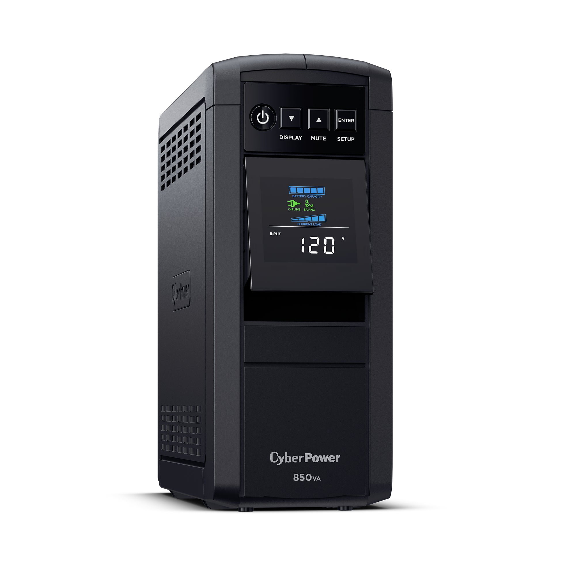 CYBERPOWER - CP850PFCLCD - 850VA/510W Line Interactive UPS, Sine Wave, Mini-tower, 10 NEMA 5-15R Outlets, NEMA 5-15P Plug w/5 Ft Cord, AVR, LCD, Serial/USB, 3 Yr Warranty