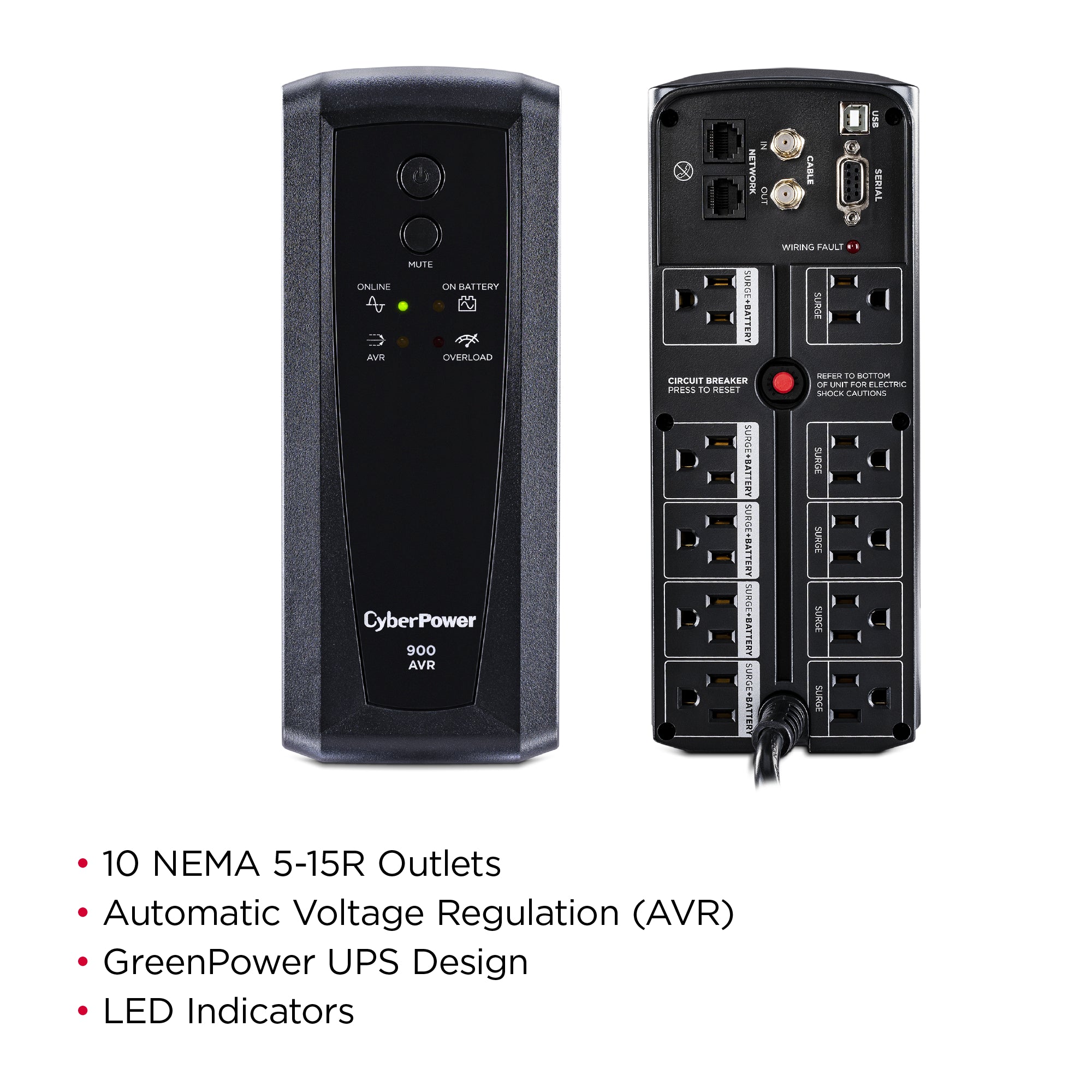 CYBERPOWER - CP900AVR - 900VA/560W LINE INTERACTIVE UPS, 10 x NEMA 5-15R OUTLETS, NEMA 5-15P PLUG W/6FT POWER CORD, AVR, RJ45, COAX PROTECTION, POWERPANEL PERSONAL SOFTWARE, 3 YR WTY