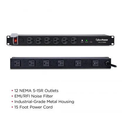 CYBERPOWER - CPS1215RMS - 1800 J, 120 V, 12 NEMA 5-20R (6 front, 6 rear), 15 ft cord, 3 year warranty