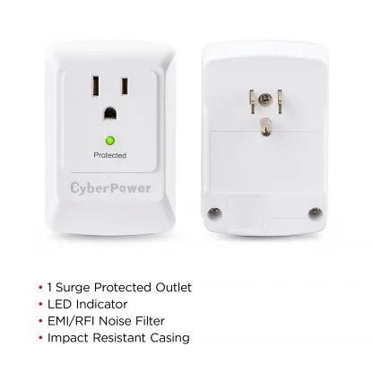 CYBERPOWER - CSB100W - 900 J, 125 V, NEMA 5-15P plug, 1 NEMA 5-15R, Limited lifetime warranty