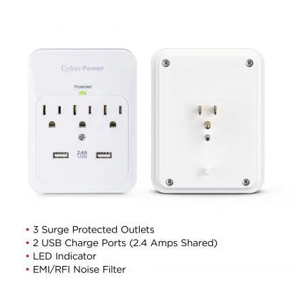 Cyber Power - CSP300WUR1 - 600 J, 125 V, Nema 5-15P Plug, 3 Nema 5-15R, 2 (2.1a Shared) USB Ports, 1 Year Limited Warranty