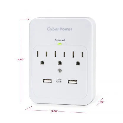 Cyber Power - CSP300WUR1 - 600 J, 125 V, Nema 5-15P Plug, 3 Nema 5-15R, 2 (2.1a Shared) USB Ports, 1 Year Limited Warranty