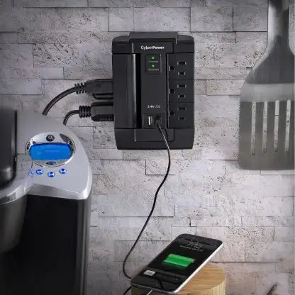 Cyber Power - CSP600WSU - 1200 J, 125 V, NEMA 5-15P plug, 6 NEMA 5-15R, 2 (2.4A shared) USB ports, 1 Year Limited Warranty