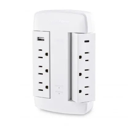 CYBERPOWER - CSP600WSURC5 - 6-Outlet Swivel Surge Protector with 2 USB 3.6A Type A & C, 900 Joules, Wall Tap, EMI/RFI filtering, White, $75,000 CEG