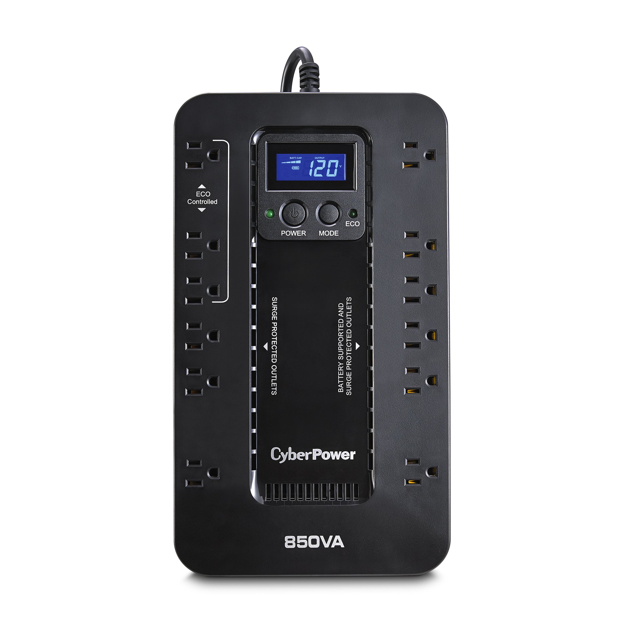 CYBERPOWER - EC850LCD - 850VA/510W, Simulated Sine Wave, NEMA 5-15P, 5 ft cord, 12 NEMA 5-15R, USB, PowerPanel Personal Edition software, 3 year warranty