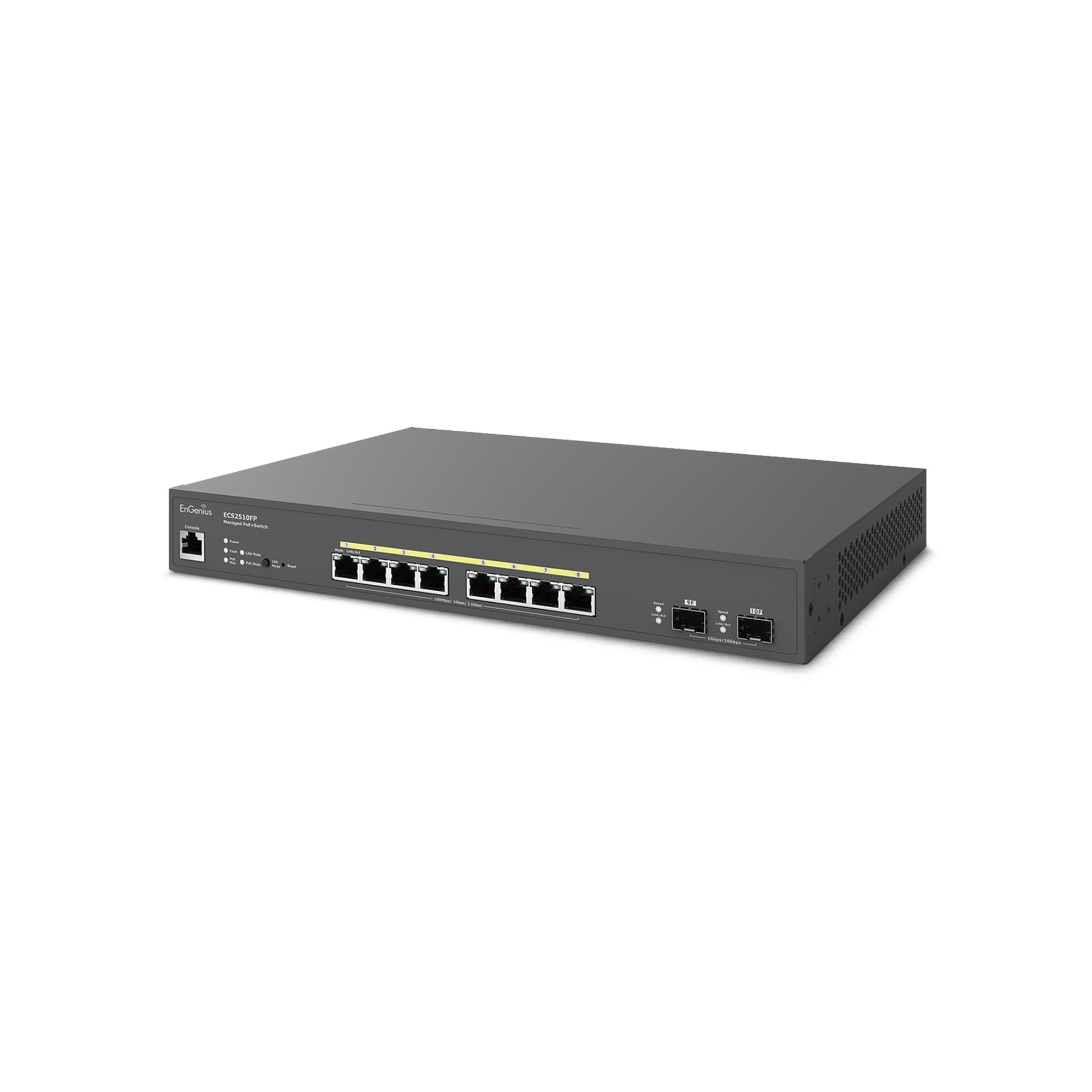 EnGenius - ECS2510FP - 8-Port Cloud Managed Multi-Gigabit L2+ PoE+ Switch with 240W & 2 SFP+ Uplink Ports