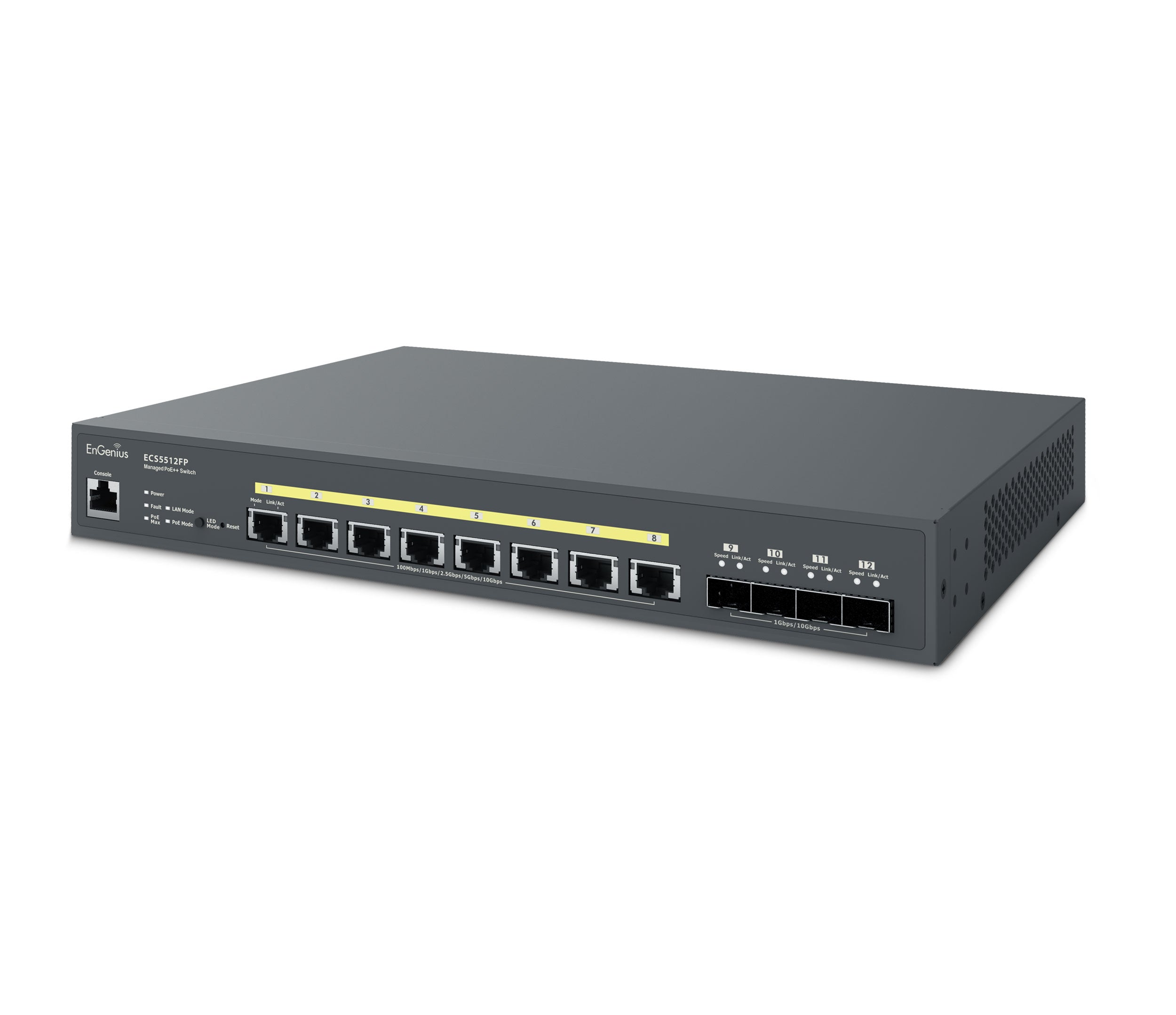 EnGenius - ECS5512FP - 10-Gigabit 8-port PoE++ layer 2+ switch comes with a 420W budget and 4 10G uplink ports