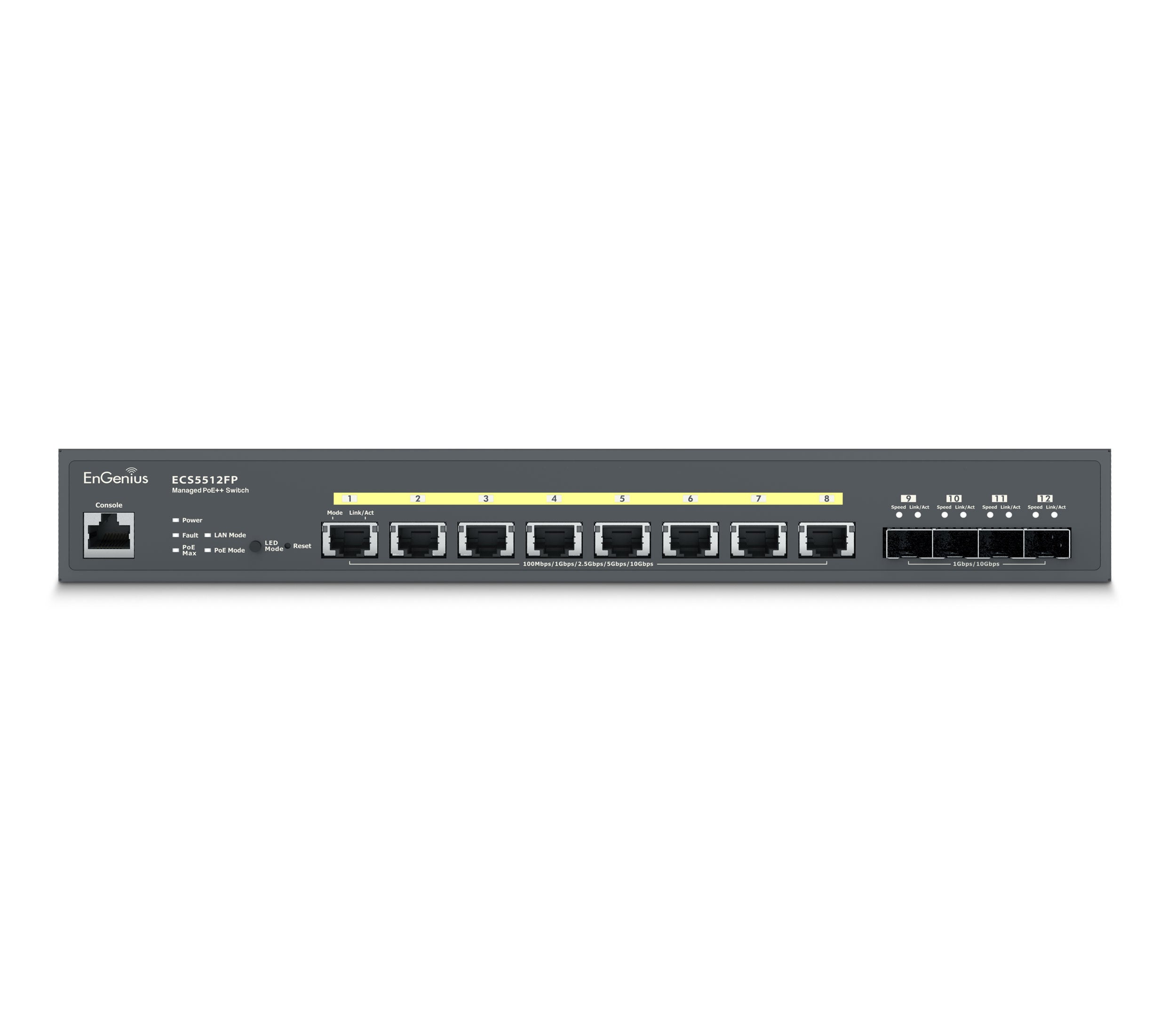 EnGenius - ECS5512FP - 10-Gigabit 8-port PoE++ layer 2+ switch comes with a 420W budget and 4 10G uplink ports