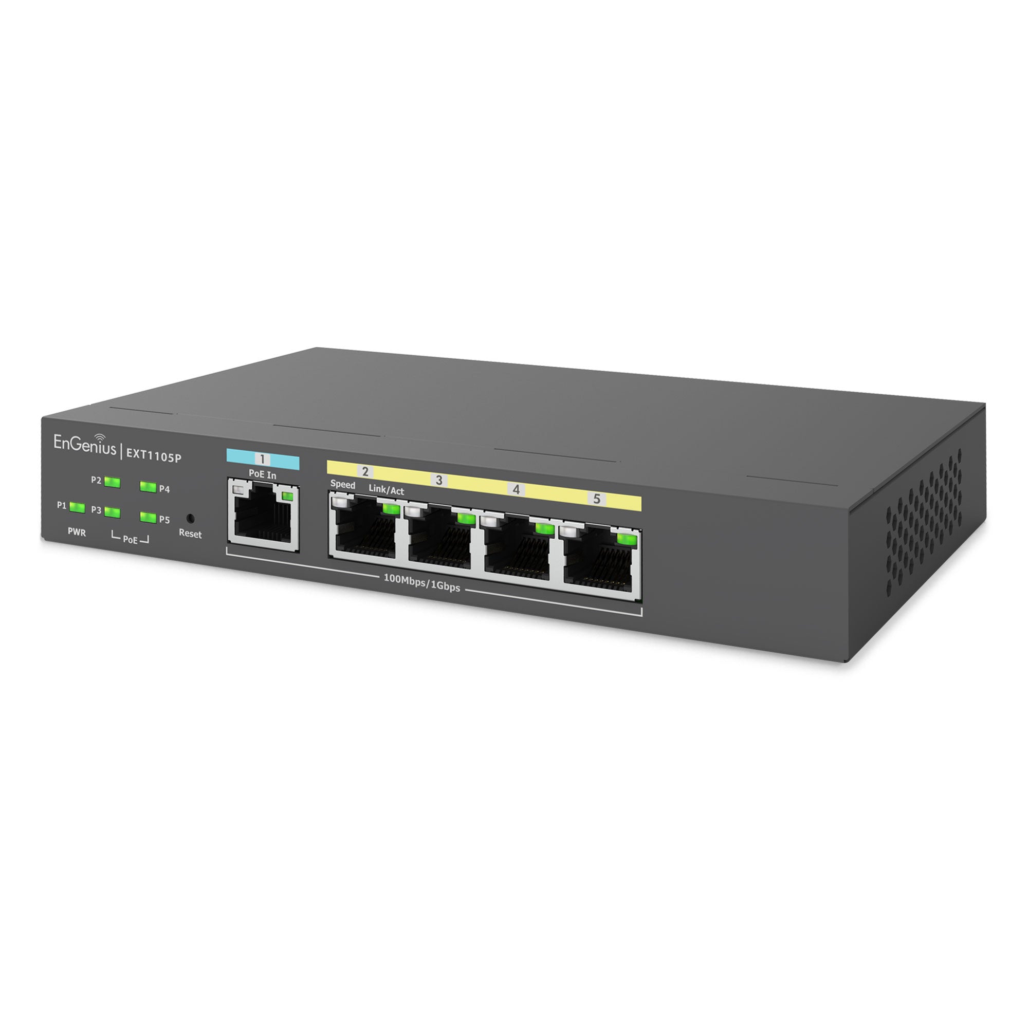 EnGenius - EXT1105P - EnGenius Switch extender with 4 GbE PoE & 1 GbE PoE PD , IEEE802.3at, Desktop Style
