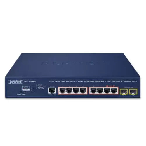 PLANET - GS-4210-8HP2S - 2-Port 10/100/1000T 802.3bt PoE + 6-Port 10/100/1000T 802.3at PoE + 2-Port 100/1000X SFP Managed Switch