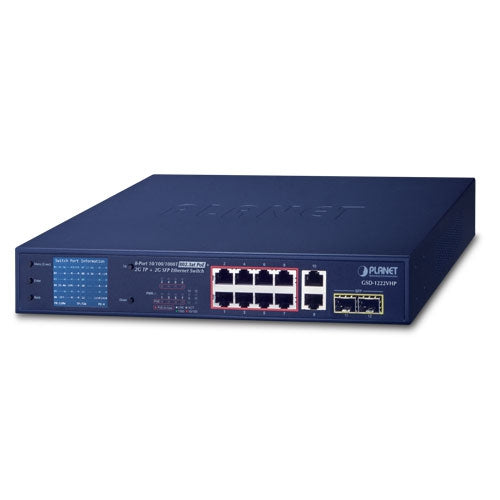 Planet - GSD-1222VHP - 8-Port 10/100/1000T 802.3at PoE + 2-Port 10/100/1000T + 2-Port 1000SX SFP Gigabit Switch with Smart Color