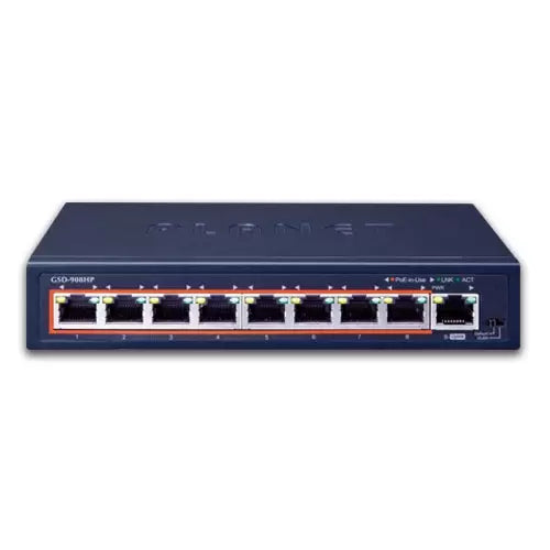 Planet - GSD-908HP - 8-Port 10/100/1000T Gigabit 802.3at POE Ethernet Switch plus 1-Port Gigabit Ethernet Switch (100W POE Budget with External Power Supply, VLAN mode support)