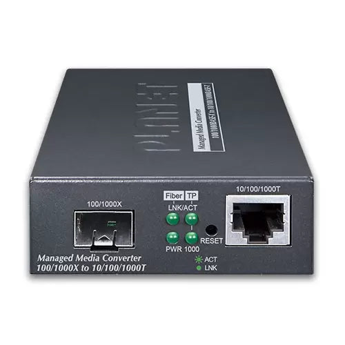 Planet - GT-915A - 1-Port 10/100/1000T + 1-Port 100/1000X SFP Managed Media Converter (IPv4/IPv6 Dual stack management, supports TLSv1.2/SSHv2/SNMPv3 Cybersecurity features, TS-1000/802.3ah OAM, LFP, 802.1Q VLAN, PLANET CloudViewer app and NMS MQTT)