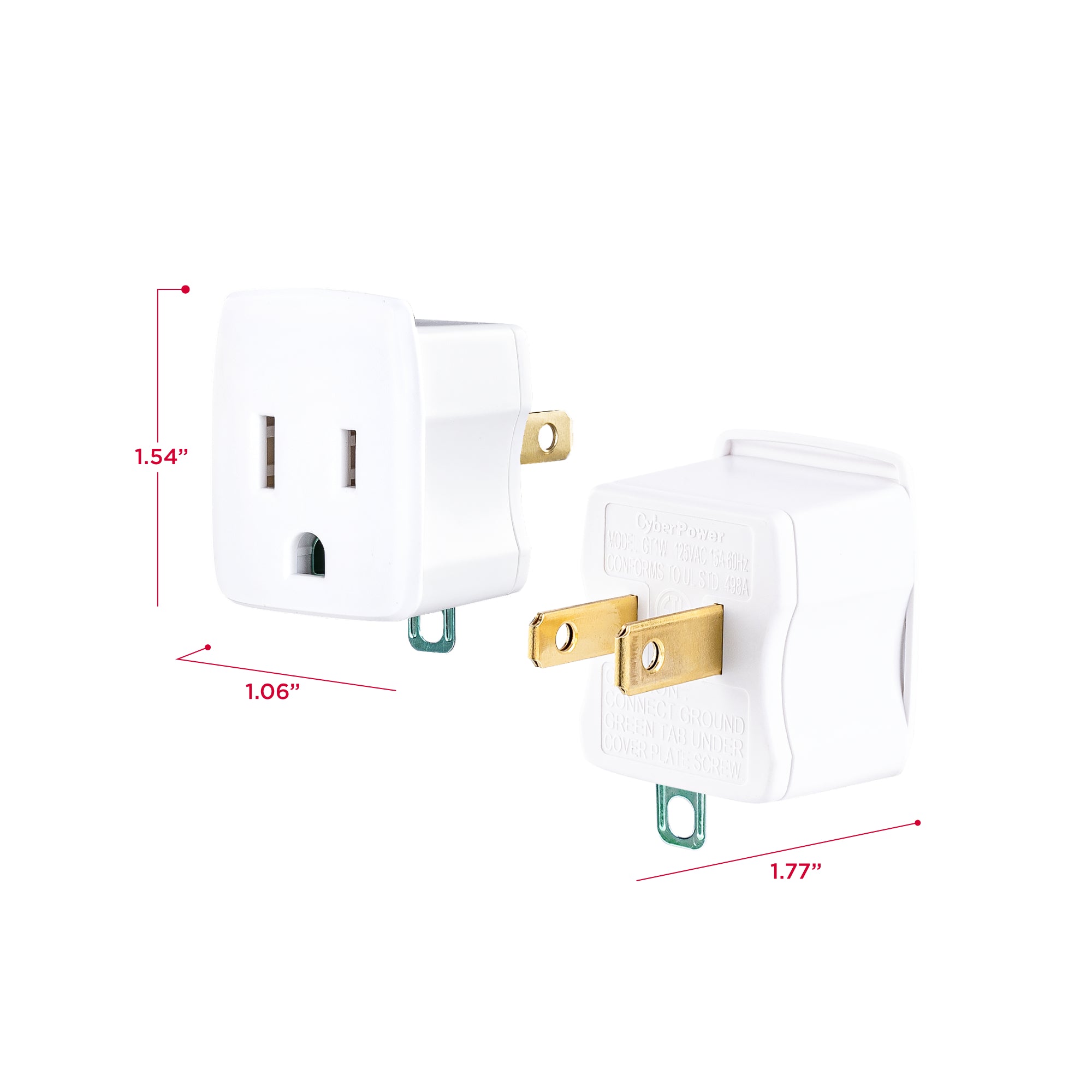 Cyber Power - GT1W2PK - Grounding Adapter (2-Pack). Fits three-prong plugs into two-prong plugs
