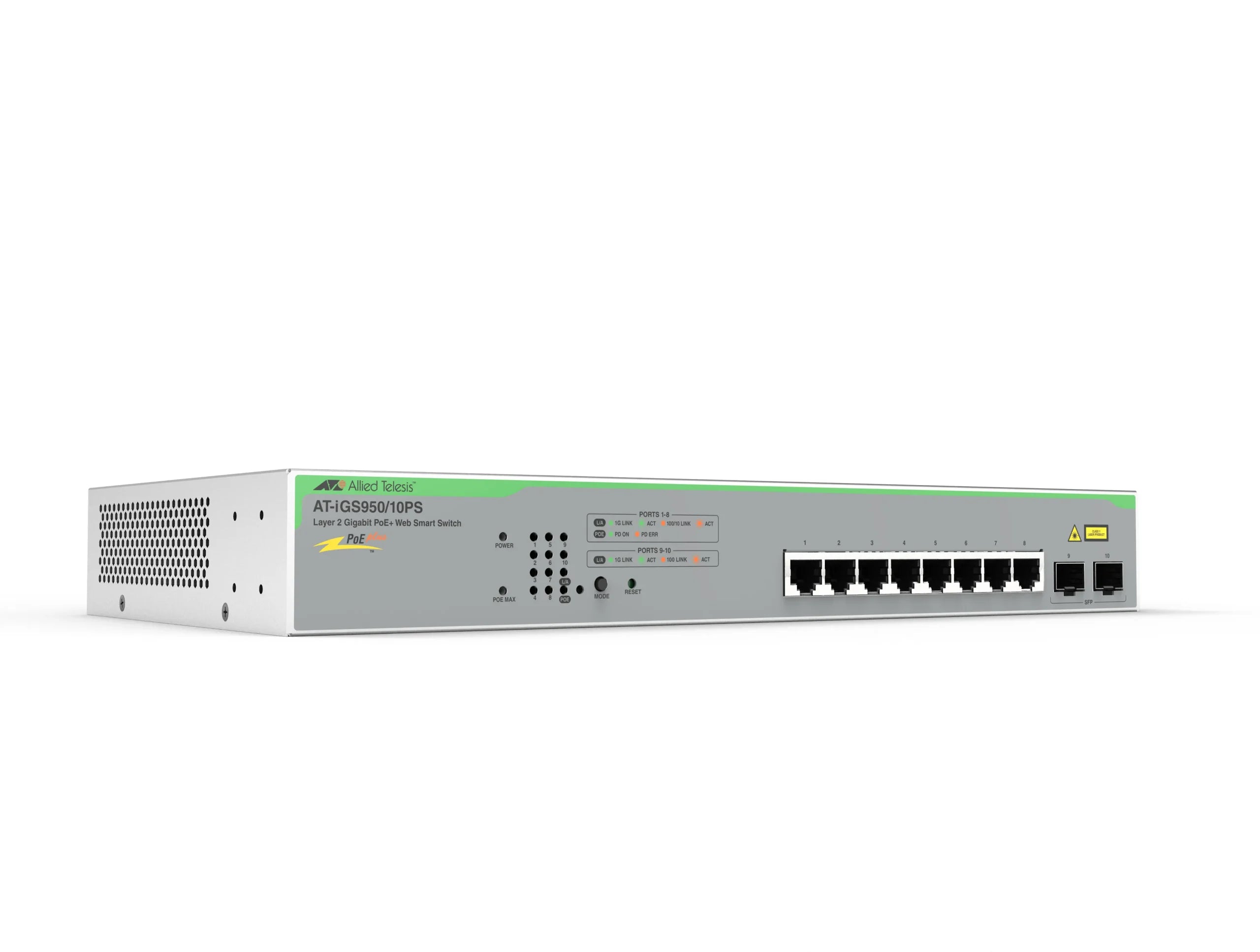 Hanwha - HV-IGS950/10PS-910 - 8 port Gigabit Websmart PoE+ switch, 2 x SFP uplink ports, 130W total power budget, no WAVE integration