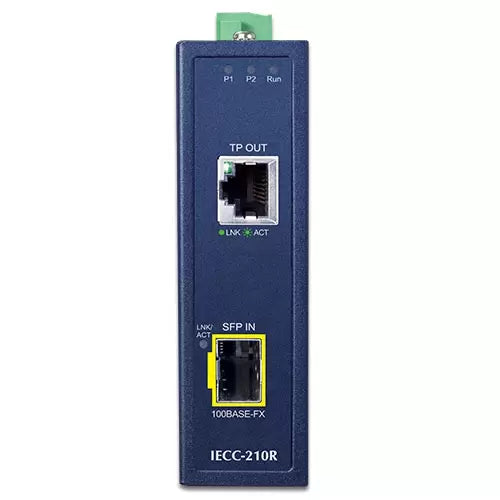Planet - IECC-210R -  Industrial 1-Port 100TX + 1-Port 100FX SFP EtherCAT Media Converter RJ45 Out, SFP In, -40~75 degrees C