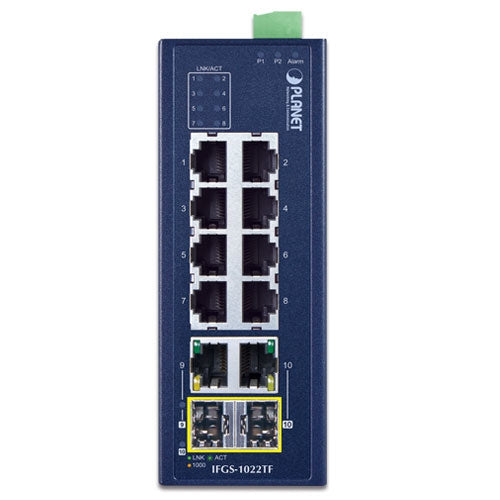 Planet - IFGS-1022TF -  IP30 Industrial 8-Port 10/100TX + 2-Port Gigabit TP/SFP Combo Ethernet Switch