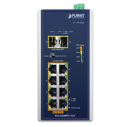 Planet - IGS-1020PTF-12V - IP30 Industrial 8-Port 10/100/1000T 802.3at PoE + 2-Port 100/1000X SFP Ethernet Switch w/ 12V Booster (-40~75 degrees C)