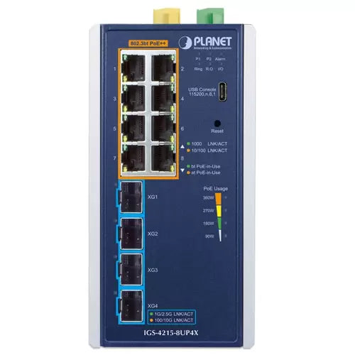 PLANET - IGS-4215-8UP4X - Industrial L2/L4 8-Port 10/100/1000T 802.3bt PoE + 4-Port 10G SFP+ Managed Ethernet Switch