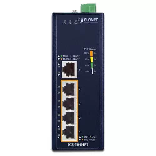Planet - IGS-504HPT - IP40 Industrial 4-Port 10/100/1000T 802.3at PoE + 1-Port 10/100/1000T Gigabit Ethernet Switch(-40 to 75 C, dual 12V~56V DC power boost, PoE Usage LED)