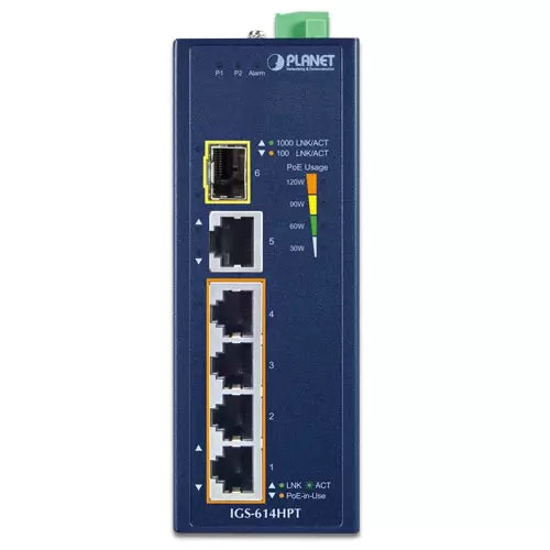Planet - IGS-614HPT - Industrial 4-Port 10/100/1000T 802.3at PoE + 1-Port 10/100/1000T + 1-Port 100/1000X SFP Gigabit Ethernet Switch
