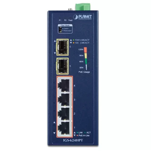 Planet - IGS-624HPT - Industrial 4-Port 10/100/1000T 802.3at PoE + 2-Port 100/1000X SFP Ethernet Switch