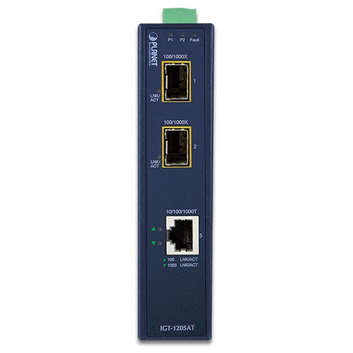 Planet - IGT-1205AT - IP30 Industrial 1-port 10/100/1000T to 2-port 100/1000/2500X SFP Media Converter(-40 to 75 degree C)