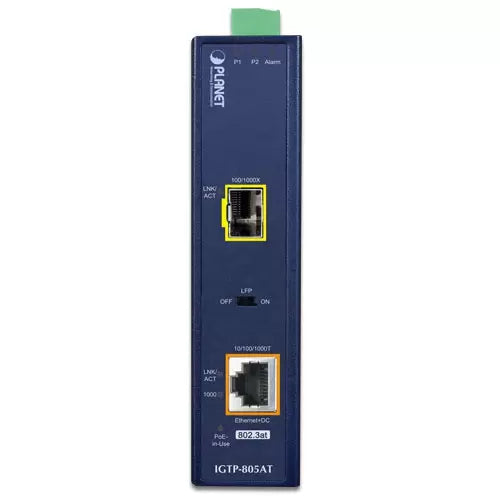Planet - IGTP-805AT - IP30 Industrial 10/100/1000BASE-T to 100/1000BASE-X SFP Converter with 802.3at PoE+ (-40 to 75C, 12V~48V DC power boost, LFP Supported)