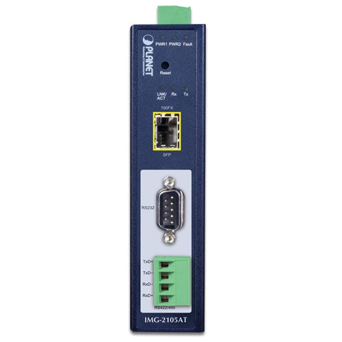 Planet - IMG-2105AT - IP30 Industrial 1-Port RS232/RS422/RS485 Modbus Gateway (1 x 100BASE-FX SFP slot, -40~75 degrees C)
