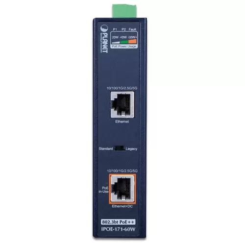 PLANET - IPOE-171-60W - Industrial Single-Port Multi-Gigabit 802.3bt PoE++ Injector (60W, -40~75C, 48~56VDC)