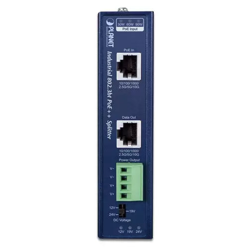 Planet - IPOE-176S - IP30, Industrial Single-Port 10Gbps 802.3bt PoE++ Splitter - 12V,19 & 24V DC output (-40~75 degrees C, 802.3bt type 4 PD, supports, 10/100/1G/2.5G/5G/10Gbps data rate )