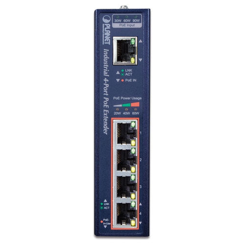 Planet - IPOE-E174 - IP30 Industrial 1-Port 95W 802.3bt PoE++ to 4-Port 802.3at PoE+ Gigabit PoE Extender (-40 to 75 C)