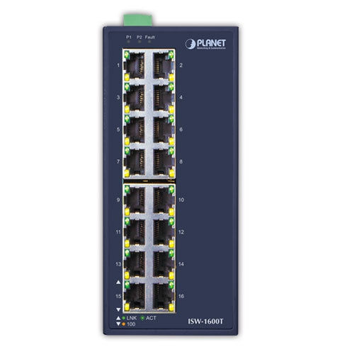 Planet - ISW-1600T - IP30 Industrial 16-Port 10/100TX Ethernet Switch (-40~75 C)