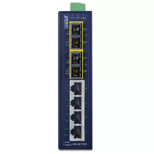 PLANET - ISW-621TS15 - IP30 Slim Type 4-Port Industrial Ethernet Switch + 2-Port 100Base-FX(15KM) (-40 - 75 C)