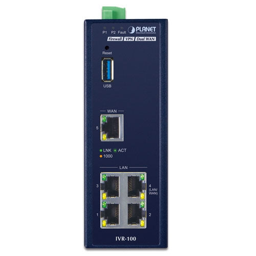 Planet - IVR-100 - Industrial 5-Port 10/100/1000T VPN Security Gateway: Dual-WAN Failover and Load Balancing, Cyber Security