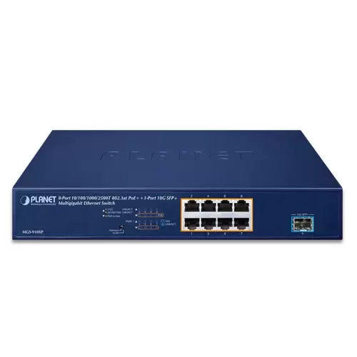 Planet - MGS-910XP - 8-Port 10/100/1000/2500T 802.3at PoE + 1-Port 10G SFP+ Multigigabit Ethernet Switch (120 Watts PoE Budget, Standard/VLAN mode, desktop size with rackmount kit)