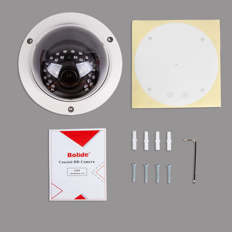 BOLIDE - BC1509AVAIR/AHN - 5.0MP / 4.0MP / 2.0MP 9-in-1  AHD / TVI / CVI / Analog Vandal-Proof Dome Camera, 1/2.7 CMOS, 2.8 to 12mm Varifocal Lens, IR Up to 85 ft., Control Over Coax, OSD, Quickswitch, 12VDC, Off-White