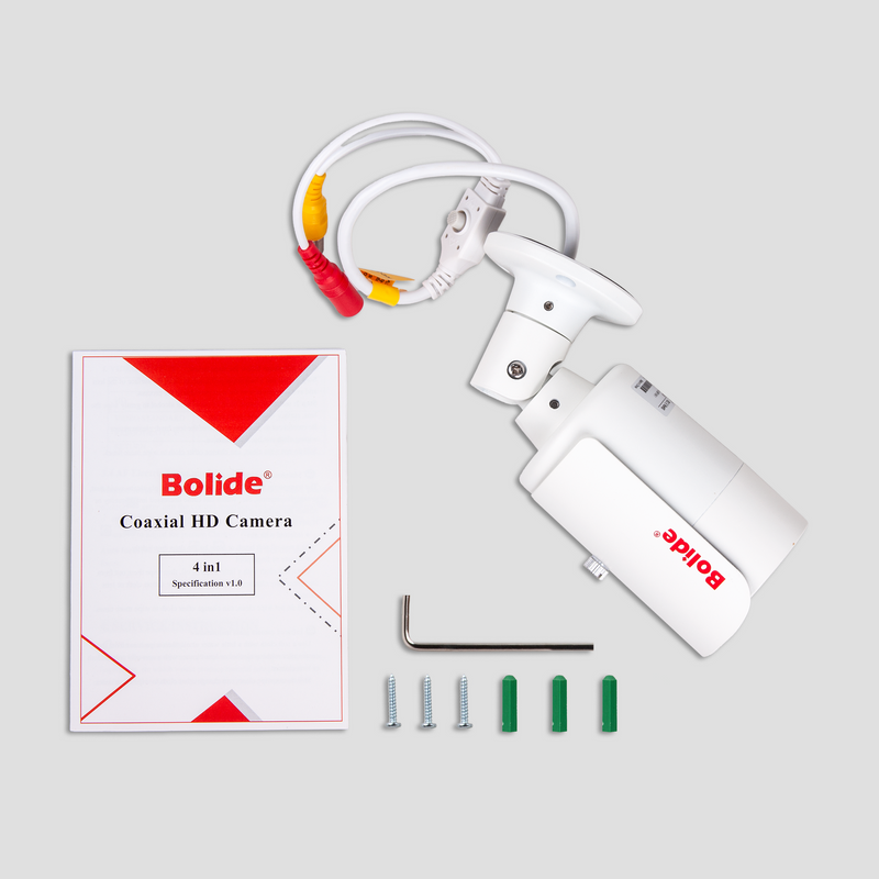 BOLIDE - BC1535 - 5.0MP AHD / TVI / CVI / Analog Bullet Camera, 1/2.7 CMOS, 3.6mm Fixed Lens, IR Up to 65 ft., Control Over Coax, OSD, Quickswitch, 12VDC, White