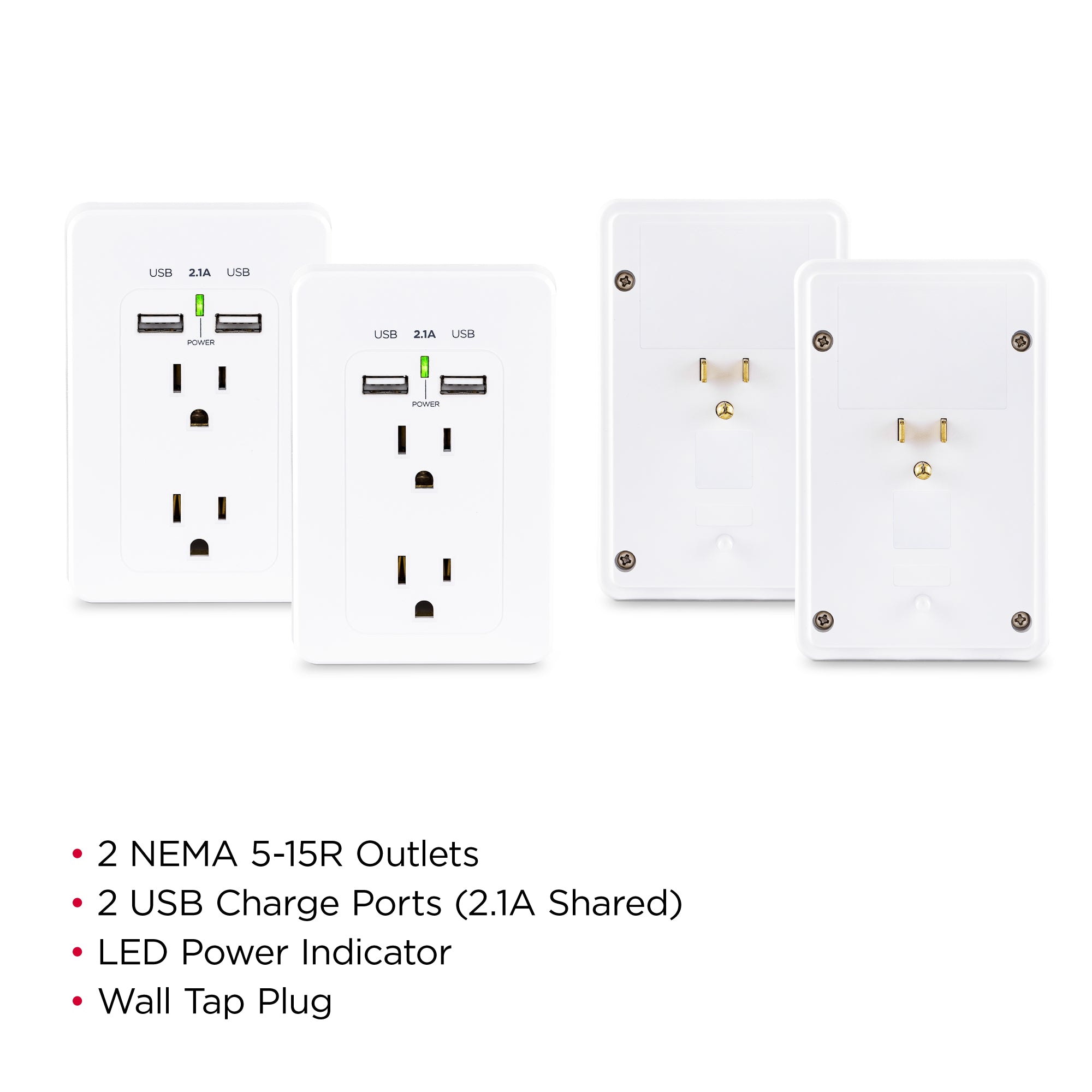Cyber Power - MP18HO007 - 2-outlet, Wall-Tap with 2 USB Charging ports 2.1A (Shared), White