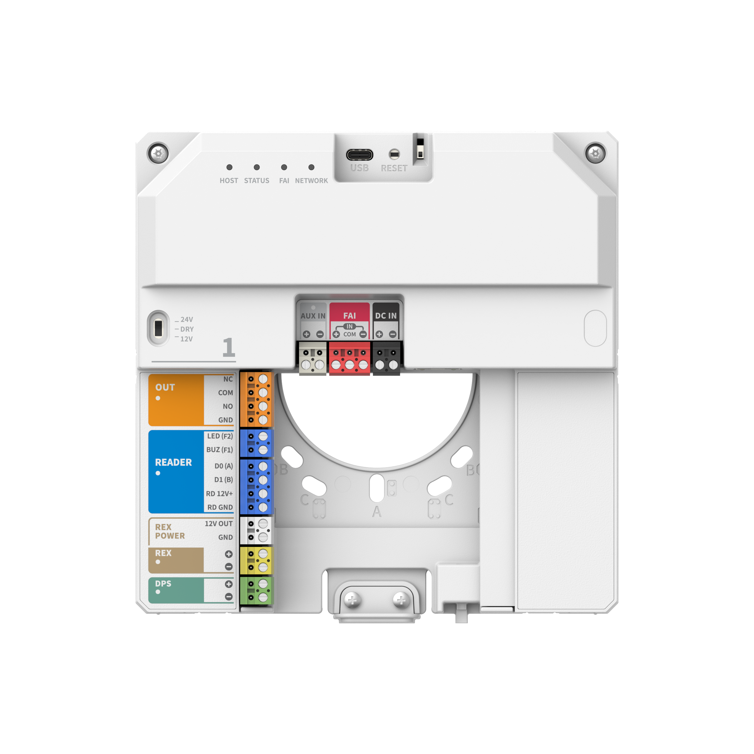 Hanwha - NHP-P100 - Powered by OnCAFE, IP Controller supporting (1) door, featuring (1) Wiegand/OSDP reader port (up to 2 OSDP Readers), (3) Supervised Inputs, up to (2) Unsupervised OSDP Flex Inputs, (1) Form-C wet relay output with dry/12VDC/24VDC 