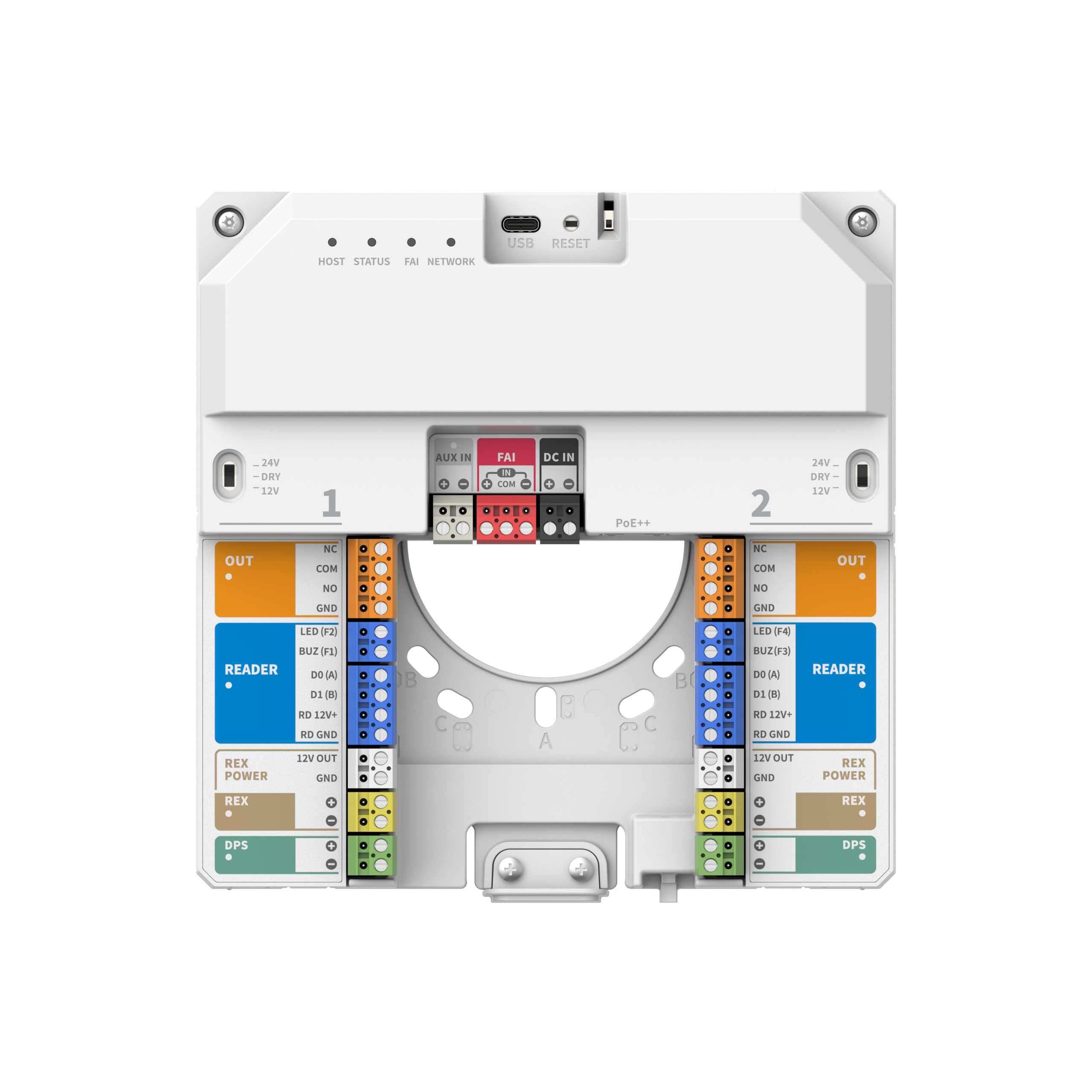 Hanwha - NHP-P200 - Powered by OnCAFE, IP Controller supporting (2) doors, featuring (2) Wiegand/OSDP reader ports (up to 4 OSDP Readers), (5) Supervised Inputs, up to (4) Unsupervised OSDP Flex Inputs, (2) Form-C wet relay outputs with dry/12VDC/24V