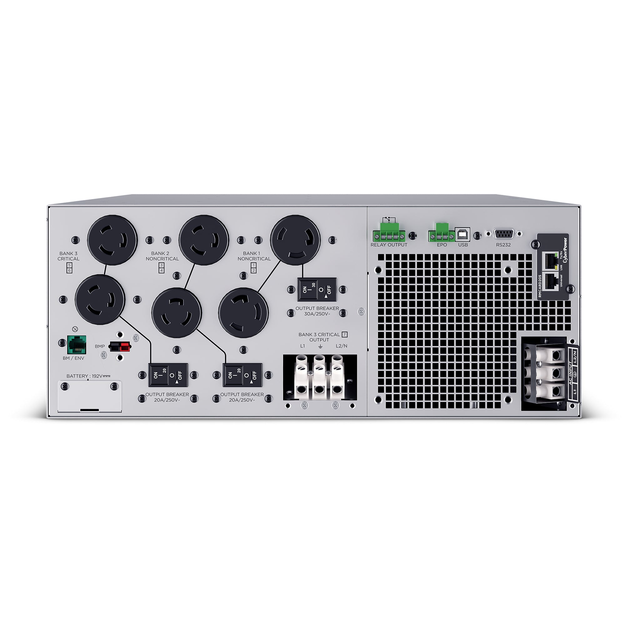 CYBERPOWER - OL10KRTHD - 10KVA/10KW, High Density, Online Double-Conversion, PF=1, 4U rack/tower, 200-240V Input Hardwire, 200-240V Output, 4 NEMA L6-20R, 2 NEMA L6-30R, Color Matrix LCD, USB, Serial, EPO, Optional RMCARD205, 3 year warranty