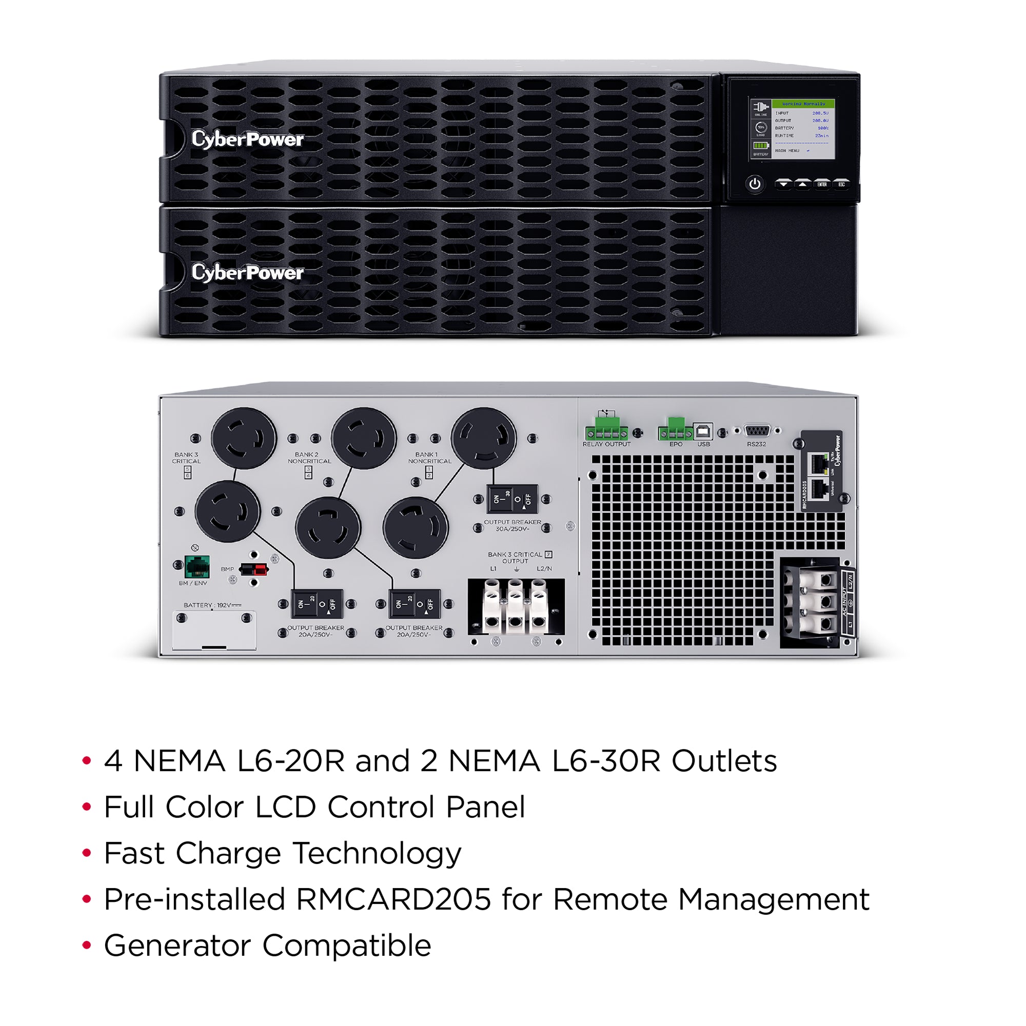 CYBERPOWER - OL10KRTHD - 10KVA/10KW, High Density, Online Double-Conversion, PF=1, 4U rack/tower, 200-240V Input Hardwire, 200-240V Output, 4 NEMA L6-20R, 2 NEMA L6-30R, Color Matrix LCD, USB, Serial, EPO, Optional RMCARD205, 3 year warranty