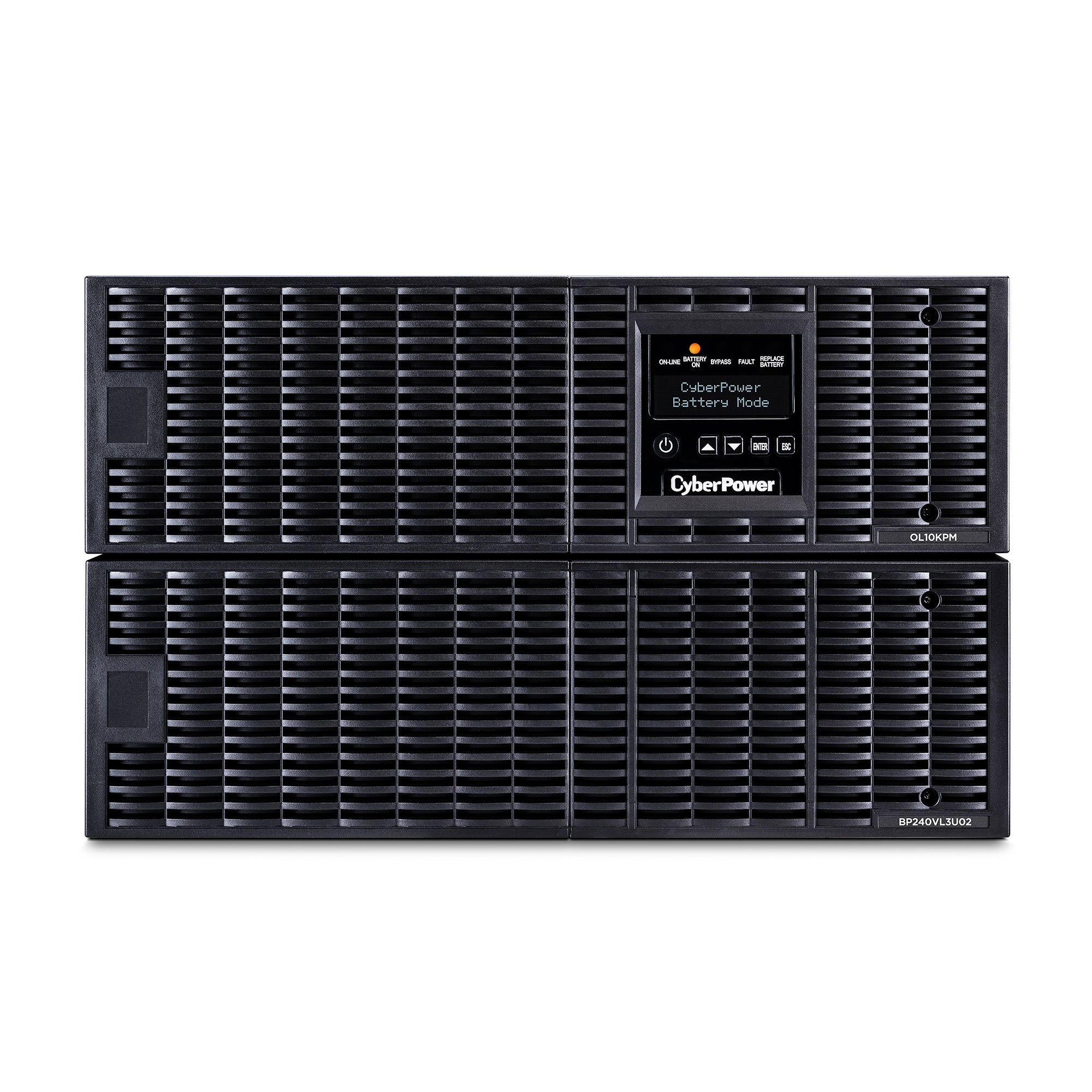 CYBERPOWER - OL10KRT - 10KVA/10KW, online double-conversion UPS, Sine wave output, 6U rack/tower convertible, 200-240V input and output, hardwire input, (3) NEMA L6-30R outlets and (1) hardwire output, LCD control panel, RMCARD205 pre-installed, EPO,