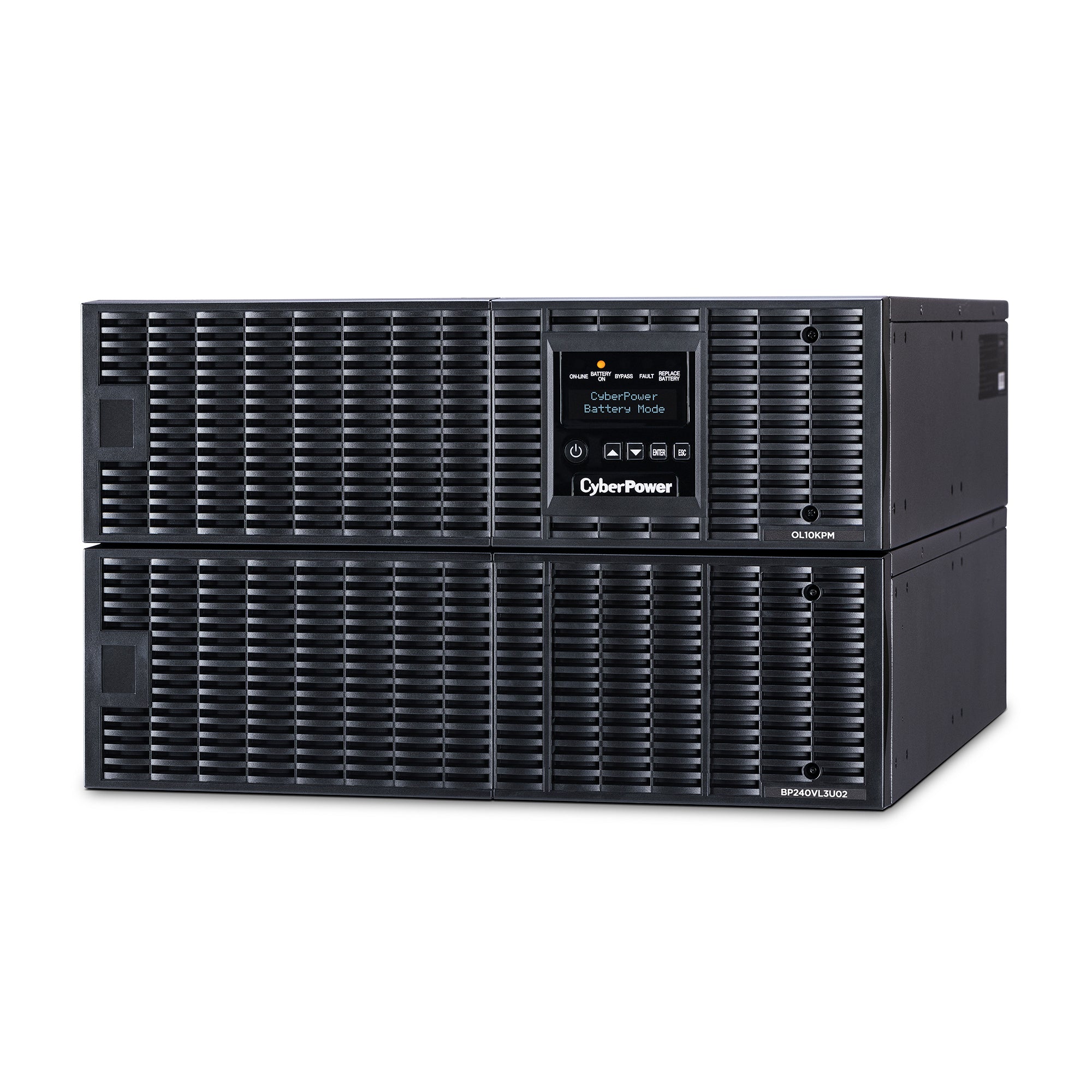 CYBERPOWER - OL10KRT - 10KVA/10KW, online double-conversion UPS, Sine wave output, 6U rack/tower convertible, 200-240V input and output, hardwire input, (3) NEMA L6-30R outlets and (1) hardwire output, LCD control panel, RMCARD205 pre-installed, EPO,