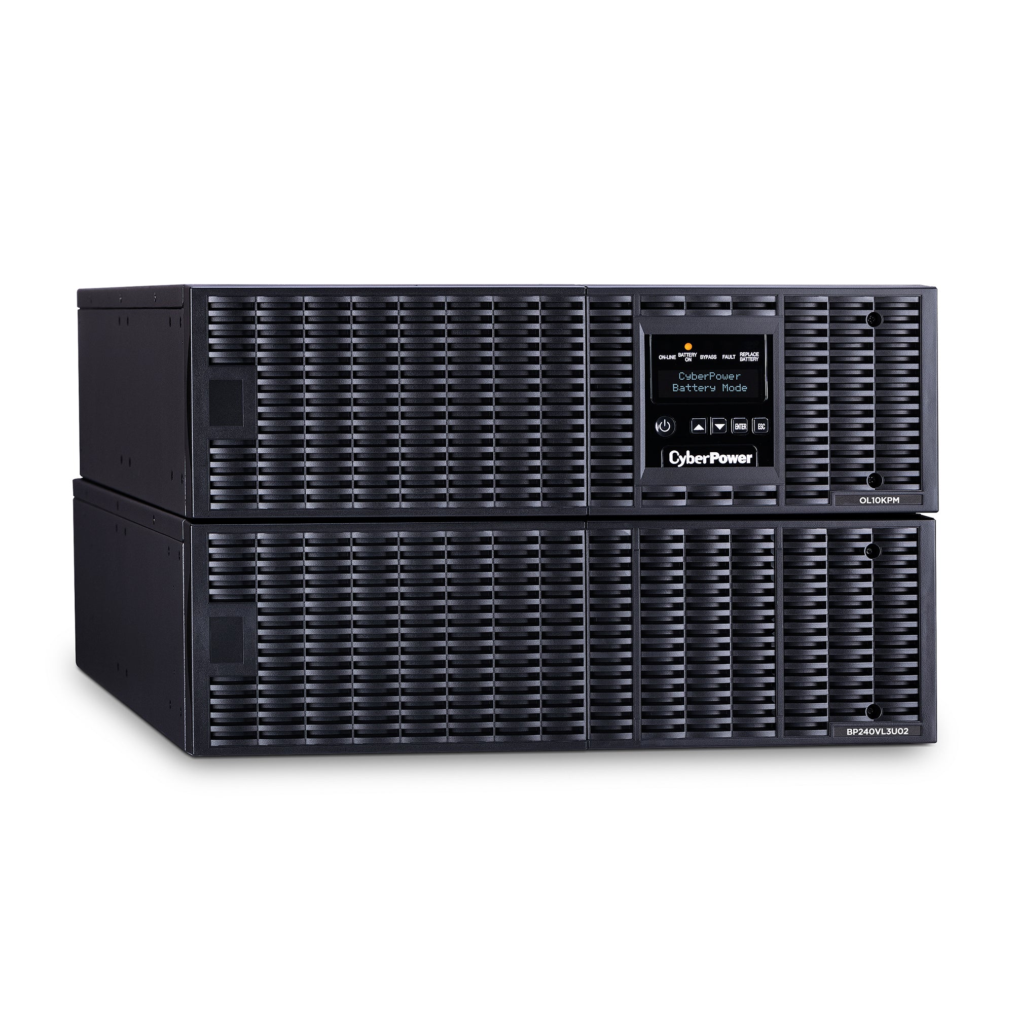 CYBERPOWER - OL10KRT - 10KVA/10KW, online double-conversion UPS, Sine wave output, 6U rack/tower convertible, 200-240V input and output, hardwire input, (3) NEMA L6-30R outlets and (1) hardwire output, LCD control panel, RMCARD205 pre-installed, EPO,