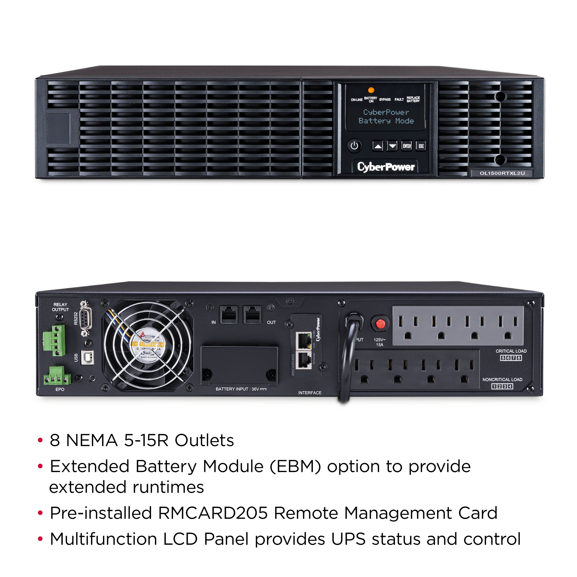 CYBERPOWER - OL1500RTXL2UN - 1500VA/1350W, 0.9PF, Pure Sine Wave, 2U, NEMA 5-15P, 10 ft cord, 8 NEMA 5-15R, USB, Serial, RMCARD205 pre-installed, Relay, EPO, PowerPanel Business Edition software, 3 year warranty
