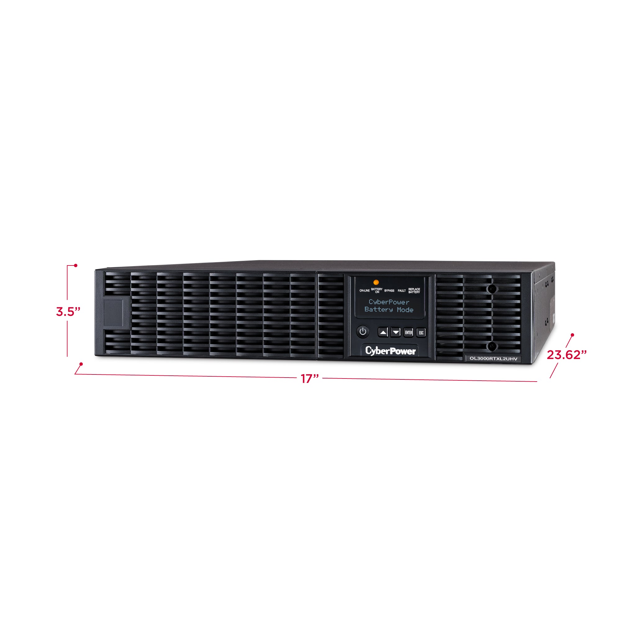 CYBERPOWER - OL3000RTXL2UHVN - 3000VA/2700W, 0.9PF, Pure Sine Wave, 2U, NEMA L6-20P, 10 ft cord, 2 NEMA L6-20R, 1 NEMA L6-30R, USB, Serial, RMCARD205 pre-installed, Relay, EPO, PowerPanel Business Edition software, 3 year warranty